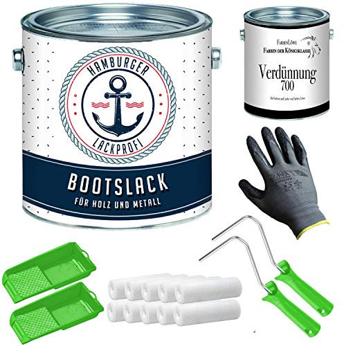 Barniz mate para madera y metal, aluminio blanco RAL 9006, color blanco yates, color barco con set de pintura (X300) y dilución (1 L) // Barniz profesional para Hamburgo (20 L)