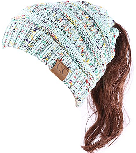DURINM Damen Strickmütze Gestrickt Wintermütze Beanie Mädchen Zopfloch | Strickmütze für Pferdeschwanz Ponytail Beanie Damen Mütze Messy (Blau)