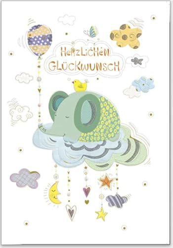 GrosseJewels Süße Karte zur Baby-Geburt mit Umschlag, einmaliges und hochwertiges Design - original von Turnowsky (est. 1940). Herzlichen Glückwunsch Elefant