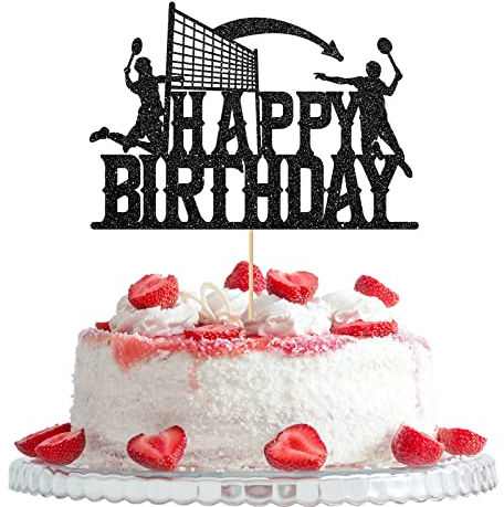 Happy Birthday Cake Topper, Badminton Player Sign Birthday Party Decorations, Sports Style Birthday Anniversary Party Decors, For Athletes Volleyball Lovers, Black