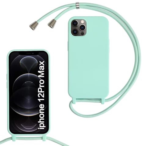 MBSLFY Lanyard Case for iPhone 12 Pro Max, Liquid Silicone Protective Phone Case with Strap Adjustable Neck Cord Necklace Soft Cover for iPhone 12 Pro Max, Mint green