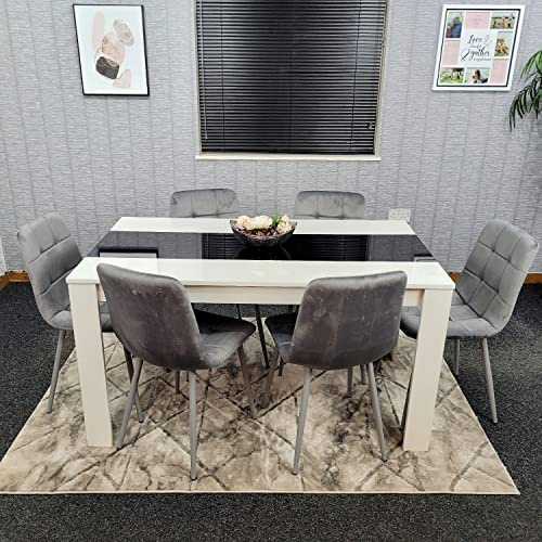 KOSY KOALA Dining Table Set with 6 Chairs White Dining Table with Black Glass Top and Grey Velvet Chairs Modern Dining Room Furniture 140 x 80 x 75 cm