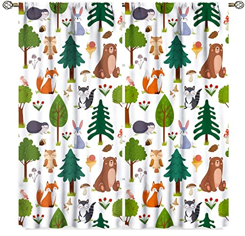 Kinder Waldtiere Vorhänge Wald Kinder Niedlich Cartoon Lustig Kinderzimmer Dschungel Safari Blätter Natur 2 Paneele Fenster Behandlung Set für Wohnzimmer Dekor 213 x 213 cm