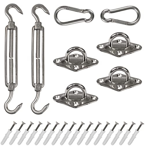 Edelstahl Sonnensegel Befestigungsset 40 Teile V2A SS304 Wantenspanner Spannschloss Karabiner Sonnensegelspanner Markisenbefestigung Segelbefestigung Aufhängung Augplatte Montage Set Kit Wandhalterung