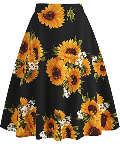 Damen Rockabilly Rock Vintage 1950er Jahre Retro Blumen Druck Faltenrock Elastische Hohe Taille Swing Glockenrock Tellerrock Plissee A-Linie Knielang Festliche R?ck Trachtenrock Gelb Sonnenblume L