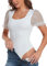 EVELIFE Women's Bodysuit Top Sleeveless Slim Fit Swiss Dots Mesh Puff Sleeve Casual Lace Jumpsuit Tops Blouse Shirts(White XXL)