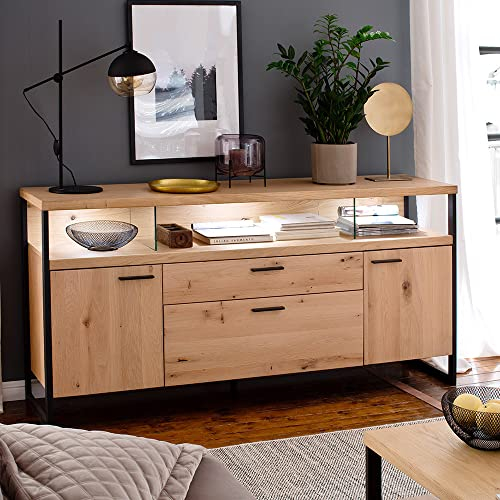 Lomadox Sideboard mit Beleuchtung, 185cm breit, in Eiche Bianco geölt (teilmassiv), B/H/T ca. 185/92/46 cm