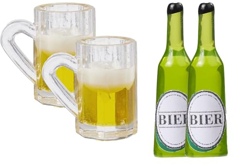 ZauberDeko Wichtel Zubehör 2X Bierflaschen 3,5cm 2X Bierglas 1,5 cm Miniatur Puppenhaus Set 4-Teilig