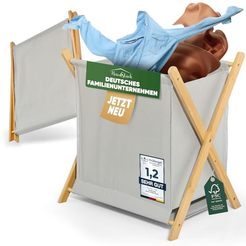 HeimGlück Wäschekorb - Wäschesammler grau [60l Halbleinen-Bambus, faltbar & nachhaltig] klappbare Wäschebox, Wäschesortierer & Wäschetrenner, laundry organizer | jetzt anschauen