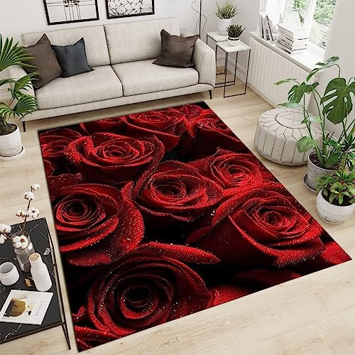 TEMLAN Rote Rose Schöner Romantischer Valentinstag Teppiche Gegend, Rosenrote Blumen Kurzflor Teppiche für Teppich Wohnzimmer Teetisch Sofa Bodenmatte Schlafzimmer Nachttisch Teppich 160 x 230cm