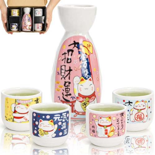Goaste Juego de 5 tazas de sake japonés de cerámica, duraderas tazas de sake Maneki Neko, vasos de cerámica hechos a mano con 1 botella y 4 tazas en bonito patrón de gato de la suerte para decoración