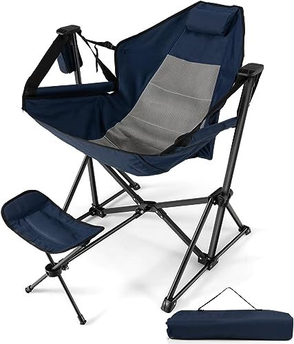 HAPPYGRILL Hamac Chaise de camping pliante avec repose-pieds rétractable, coussin de tête confortable, sac de transport inclus, chaise à bascule portable légère pour camping, pêche, pique-nique