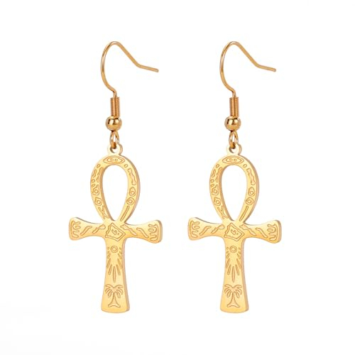 Ägyptisches Ankh-Kreuz, Anhänger, Edelstahl, Creolen, Schlüssel des Lebens, Amulett, klassischer Kreuzschmuck für Damen und Herren (Ankh gold)