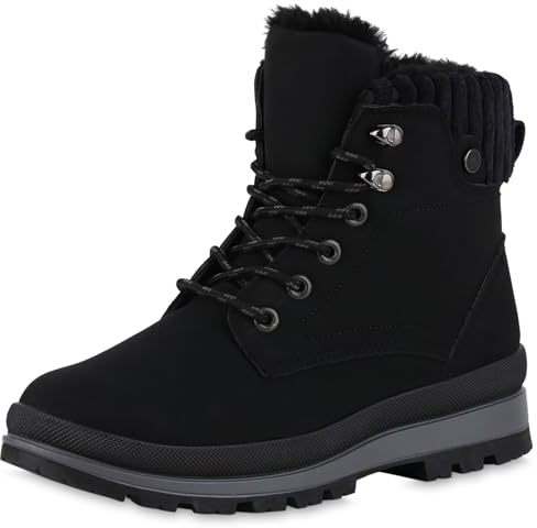 VAN HILL Damen Worker Boots Blockabsatz Profilsohle Bequem Schuhe 214078 Schwarz 38