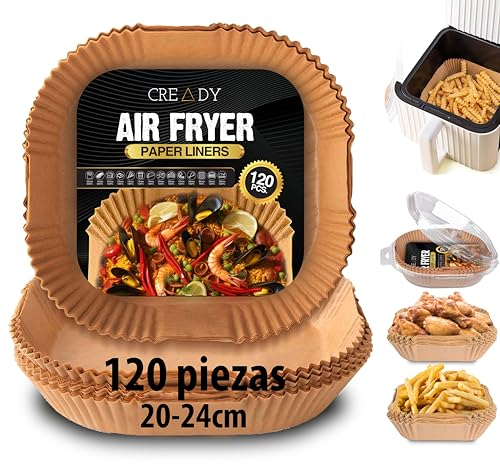 CREADY® Papel Premium Para Freidora de Aire 100 Piezas Extra Grueso [20-24CM] | Accesorios Sin Aceite | Cuadrado | Moldes Desechables | Air Fryer Cosori 5,5 y Más