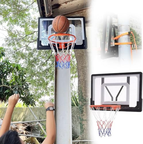 NUNETH 80 X 58 Cm Suspended Basketball Hoop & Goals with Strap/Hooks, PVC Basketball Backboard and Rim Kit, Mounts to Round, Vertical Poles, Trees, Fences, 78963
