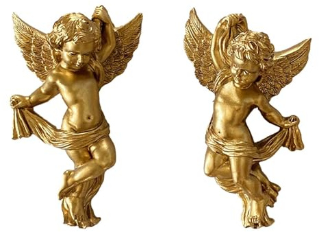 JISADER Set di 2 sculture da parete in resina con angelo cherubino, ornamento da parete, adorabile figura per decorazioni di nozze, colore dorato,