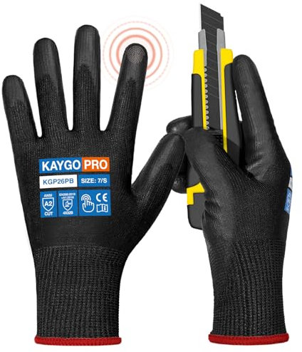 KAYGO Work Gloves PU Coated 6 Pairs Cut Resistant Touchscreen, KGP26PB, ANSI Cut Level A2 Safety Working Gloves with Secure Grip, Ideal for Warehouse Construction Carpentry Gardening (Small, Black)
