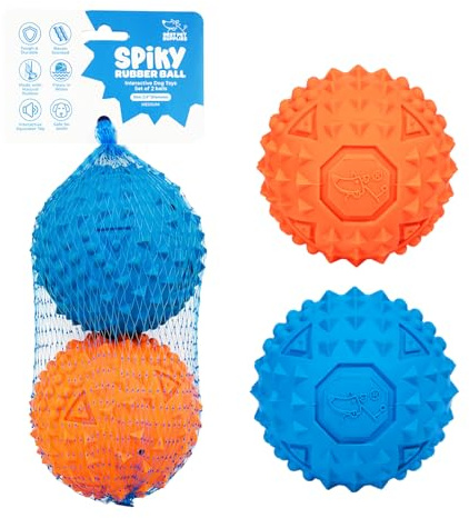 Best Pet Supplies Quietschender Gummiball mit Noppen, langlebig, ungiftig, perfekt für Aggressive Kauer, mit Stacheln für Zahngesundheit, interaktives Hundespielzeug, 2 Stück Blau/Orange (Größe M: