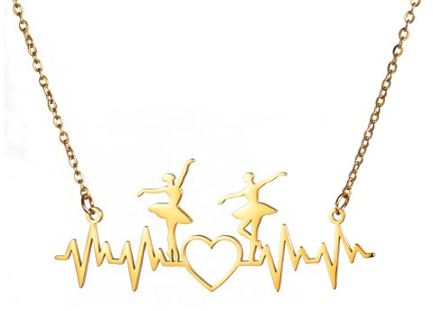 UNIFT Ballett Tänzer Herzschlag Halskette für Frauen Edelstahl Elegant Chic Double Ballerina mit niedlichen Life Line Heartbeat Love Anhänger Halskette Schmuck Tanzen Geschenk (Gold)