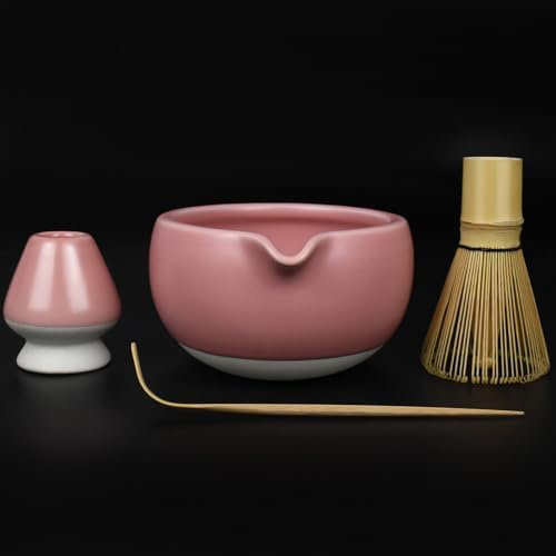 Artcome Kit complet de cérémonie du thé matcha - Bol, fouet, porte-fouet, cuillère à thé - pour Usucha, koicha, matcha latte (rose)