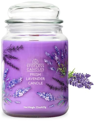 Spotless Leopard Fresh Lavender Candle 22oz Glasgefäß mit Holzdocht in einem dekorierten Glas in einer Präsentationsgeschenkbox und einer schützenden Versandbox