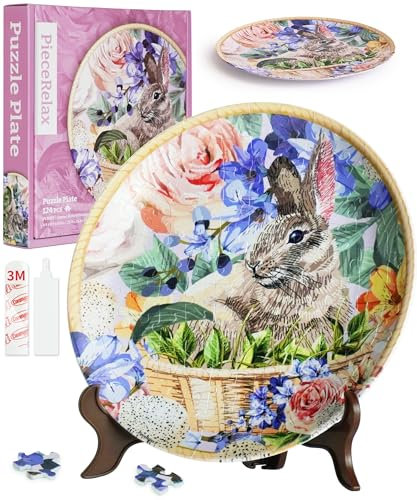 PieceRelax 3D Puzzle Plate 124 Pieces - Easter Bunny Flowers, Decorative Jigsaw for Home & Gift [PL1009]