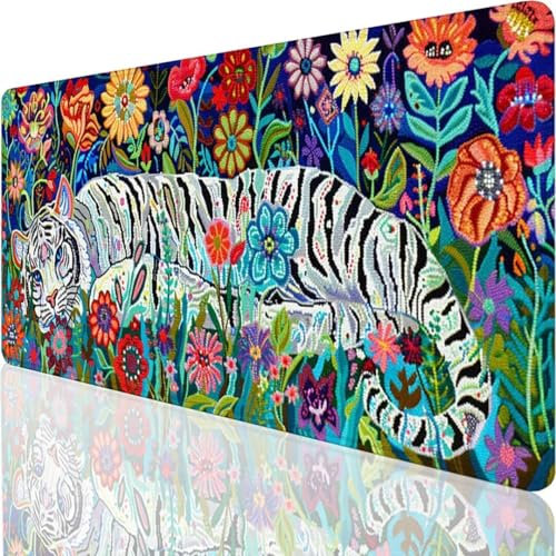 YALNSENN Extended Large Mouse Pad White tiger Mouse Mat Big Gaming Keyboard Mat XXL Non-Slip Water-Resistant Rubber Base Full Desk Mousepad 15D Pattern 600x300x3mm X-7