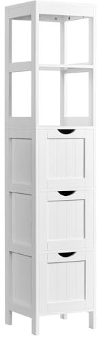 Yaheetech Hochschrank, Badezimmerschrank Aufbewahrungsschrank, mit 3 Schubladen und 2 offenen Fächern, schmales Badmöbel Badregal, 30 × 30 × 142 cm, Weiß