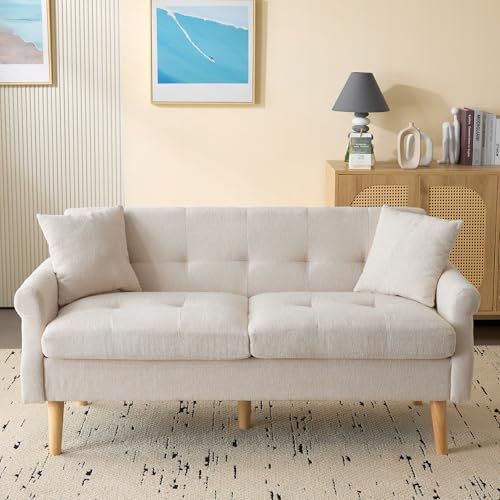 SOFTWEARY 2-Sitzer mit Zierkissen, Armlehnen und Rückenkissen, inkl. Federkern, Chenille Bezug, Polstersofa, Loungesofa, Einzelsofa (beige)