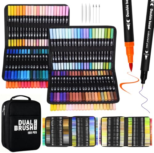 VAKKI 168 Dual Tip Colouring Pens, Felt Tip Brush Pens Drawing Pens Art Pens for Painting, Writing, Drawing and Sketching