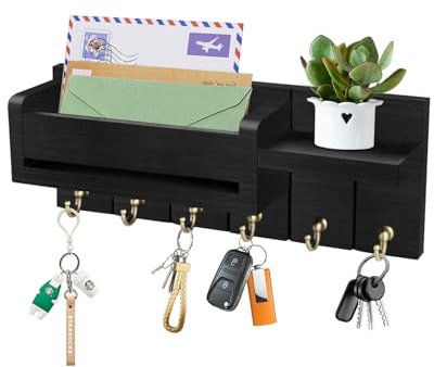 Key Holder for Wall - Key Hooks Wall Mounted with Shelf, Wooden Key Rack Letter Holder with 6 Hooks, Key Hooks for Home Decor, Key Hanger with Coat Hooks, Box Key Holders for Entryway Hallway (Black)