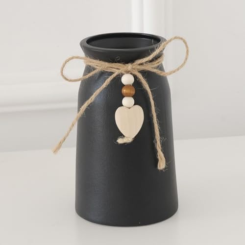 HOPEME 6-Inch Ceramic Vase with Jute Rope & Heart Charm, Farmhouse & Boho Decor, Black Vase for Flowers, Pampas Grass & Faux Greenery