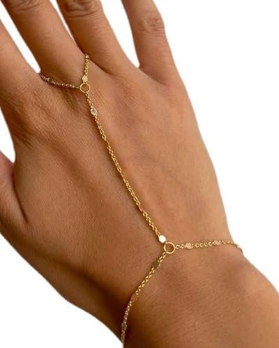 LEEQBCR 1 Pièce Bracelet chaîne de main dorée avec bague de doigt, bracelets élégants en cristal, chaîne de main tendance pour femme, bracelet avec anneau, bijou tendance pour femme