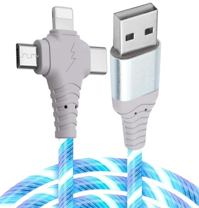 3In1 2M/6.6Ft Light up USB C Charger Cable, Type C Long Cable 3A Fast Charging Data Transfer Android Auto USB A to C for iPhone Pro Max iPad Series Samsung Galaxy S20/S10/S23 Huawei Pixel Switch Blue
