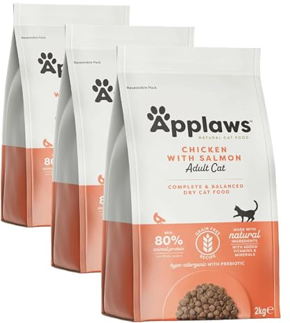 Applaws Complete and Grain Free Dry Adult Cat Food, Chicken with Salmon, 2kg (Pack of 3)