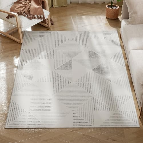 HOMCOM Modern Area Rug, Geometric Pattern Non-Slip Washable Rug, Soft Floor Carpet for Living Room, Bedroom, Dining Room, Home Office, 170 x 120 cm, Grey