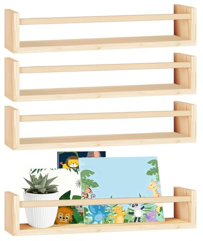 HEKOBAG 4 Pack Nursery Floating Bookshelf Wood | 16.5 Inch Solid Natural Wooden Floating Shelves Wall Mounted Toy Book Display Storage Organiser Bedroom Living Room
