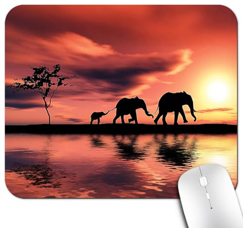 Elephant Family Silhouettes Mouse Pad, Animals By River at Sunset Desk Mat | Wild Landscape, Anti-Slip Rubber Base, Silky Smooth Surface, Cute Office/Gaming Mousepad