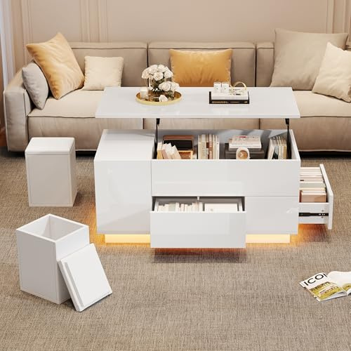 Soweiz Couchtisch 4-in-1 höhenverstellbarer Sofatisch mit LED, kaffeetisch mit 2 Schubladen, Hochglanztisch mit Sofa und 2 Hockern, Tragkraft bis 50kg, 100x50x45cm (Weiß)