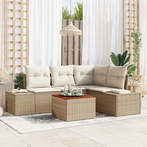 Tonture Garten-Sofa-Set 5-teilig, Beige Weiß, PE-Rattan Akazienholz, Modulare Outdoor-Sitzgruppe für Terrasse & Balkon, UV-beständig