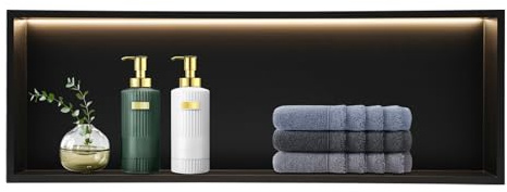 Generico Nicchia Doccia a LED 36x12 Mobiletto da Incasso a Parete, Porta Shampoo Impermeabile in Acciaio Inox con Luce 4000K, Elegante Organizer per Bagno (Nero)