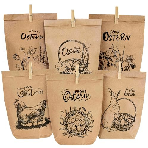 12 Ostern Papiertüten Mit Holzklammern | Ostertüten Papier, Bedruckte Ostertüten Zum Befüllen, Ideale Mitgebsel Geschenkidee Oder Oster Dekoration