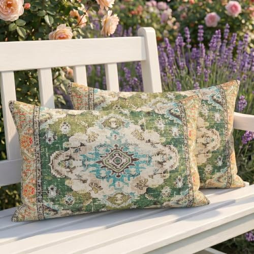 Luzzxfa 2er Set Outdoor Kissen Wetterfest Kissenbezug 30x50 cm Boho Dekokissen Vintage Kissenhülle Grün Kissen Sommer Sofakissen für Wohnzimmer Sofa Garten Balkon Camping