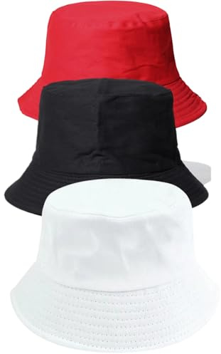ZMIYIAC 3 Stück Weiß Schwarz Rot Sonnenhut Damen Herren Baumwolle Fischerhut Faltbar Tragbar UV Schutz Sommerhut Bucket Hat für Wandern Camping Angelurlaub (3 Stück)