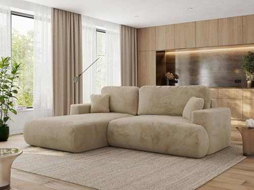 MKS MEBLE Ecksofa Wohnlandschaft L-Form mit Schlaffunktion und Bettwäscheschrank, Schlafsofa mit Bettkasten, modernes Sofa OVO L - Links - Beige Plüsch