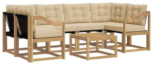 vidaXL Outdoor-Sofagarnitur mit Kissen 7 pcs Weiß und Beige, Moderne Garten-Sofa-Garnitur, Robustes Akazienholz, Bequeme Terrasse, stilvolle Couch zum Entspannen