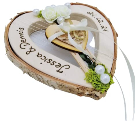 Ringkissen Herz Holzherz mittig creme Ringhalter für Eheringe mit Namen Hochzeit