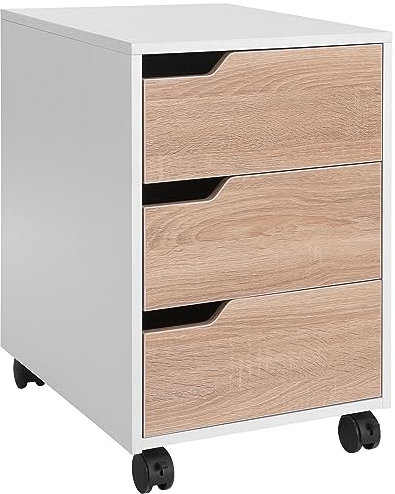 HOMCOM 3 Drawer Mobile File Cabinet, Vertical Filing Cabinet with Wheels for Home Office, Oak