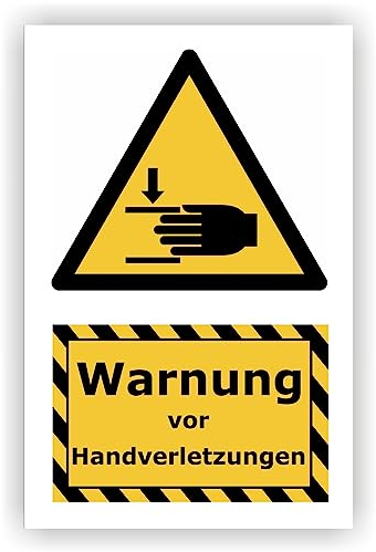 Lausitzwerbung Kombi-Warnschild Kennzeichnung Warnung vor Handverletzungen Kunststoffplatte mit Klebepads Europäische Norm (130 x 200 mm)